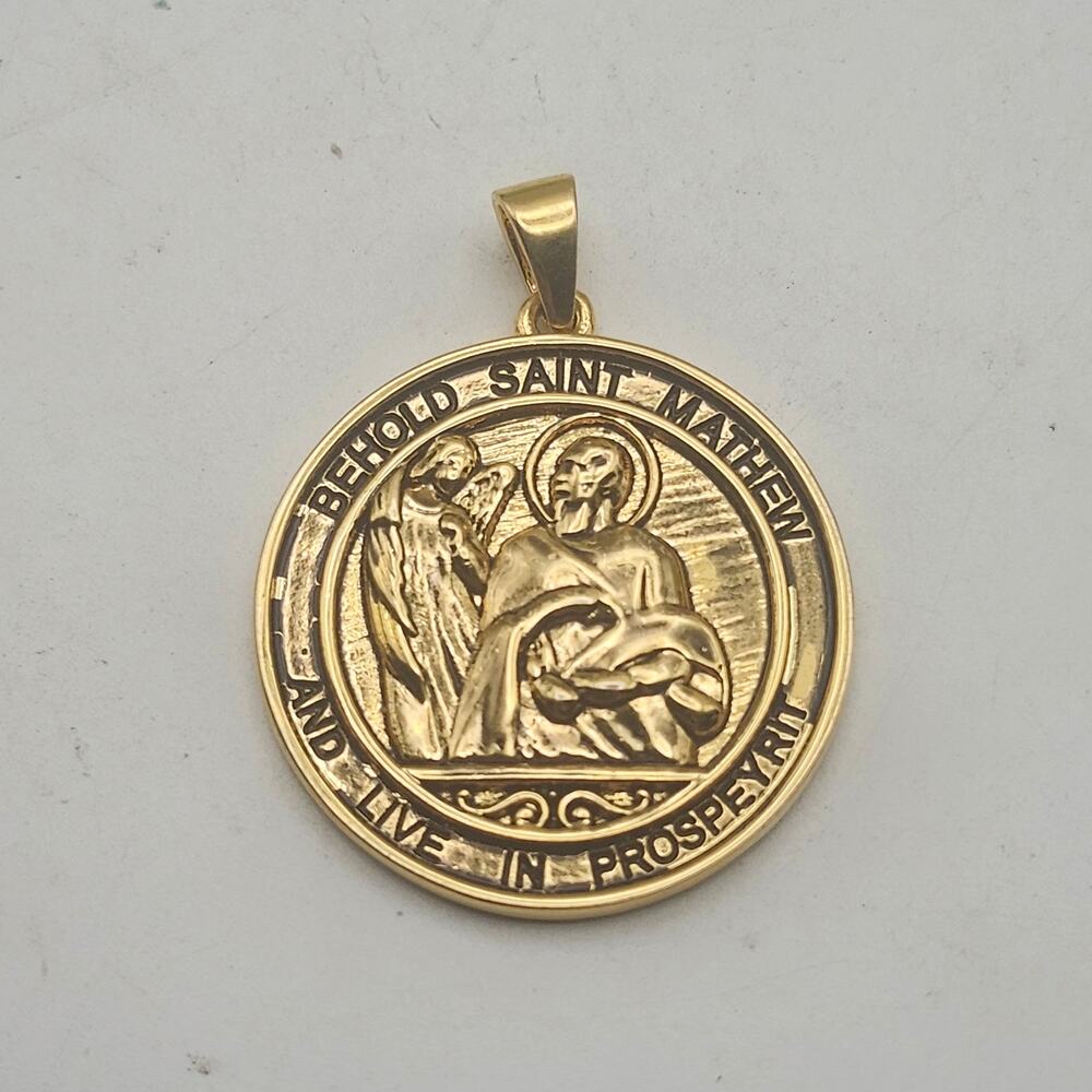 St Matthew Prosperity Medal Pendant Gold Tone Catholic Religious Charm 1.5x1.1"